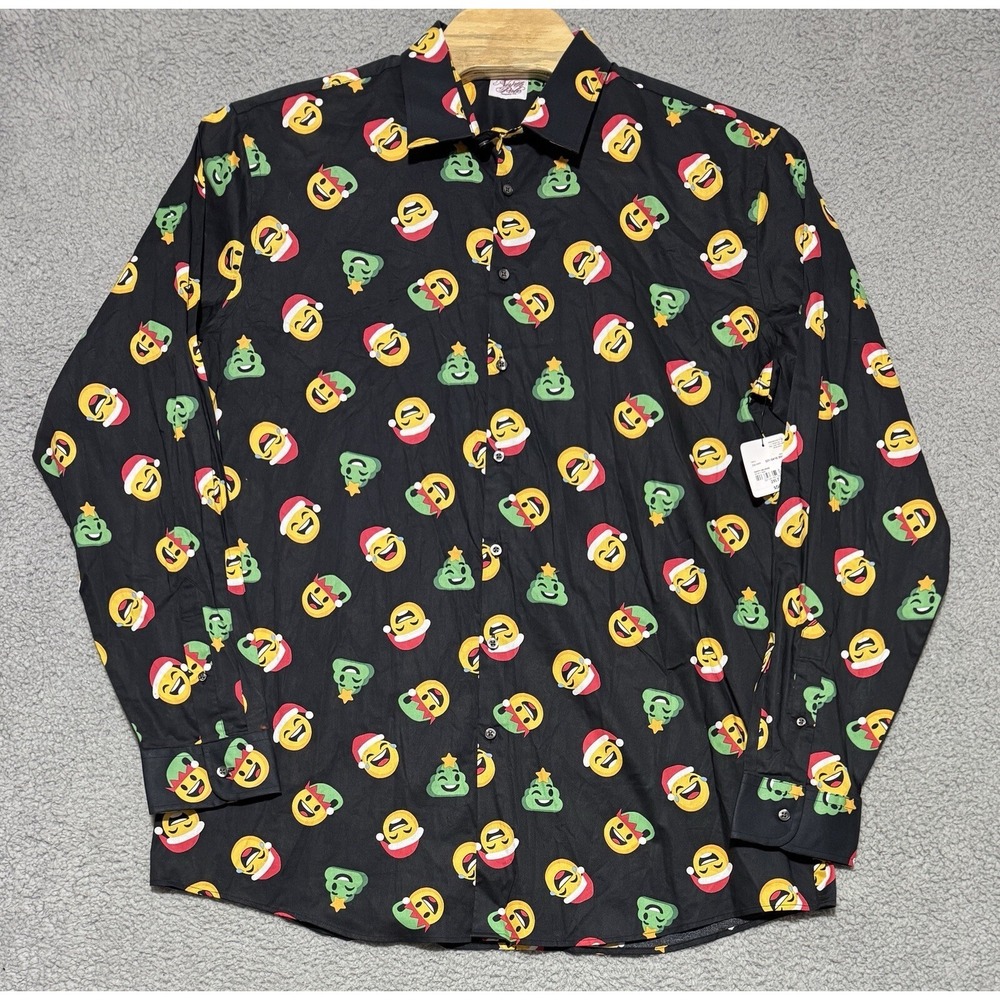 North Pole Long Sleeve Button Up Christmas Happy Helpers Emoji Shirt Mens 2XLT